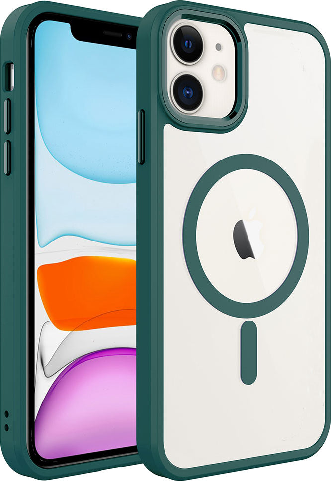 iPhone 11 Uyumlu Wireless Şarj Özellikli Mnc Krom Magsafe Silikon Kapak-Koyu Yeşil