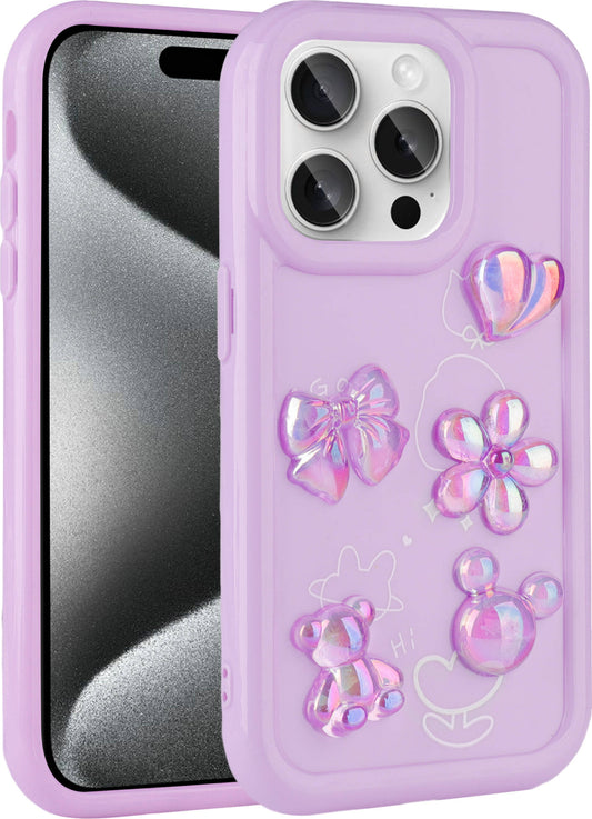 Apple iPhone 14 Pro Kılıf Kabartma Figürlü Parlak Mnc Toys Silikon Kapak-Mor