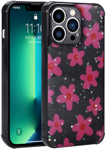 iPhone 12 Pro Kılıf Simli Desenli Kamera Korumalı Parlak Mnc Popy Kapak-Çiçek