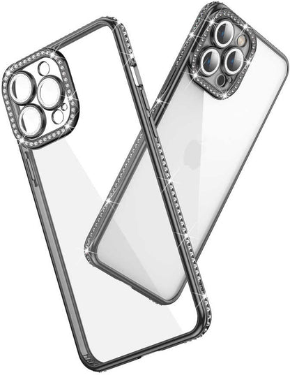 iPhone 12 Pro Kılıf Kamera Korumalı Taşlı Mnc Mina Kapak-Gümüş