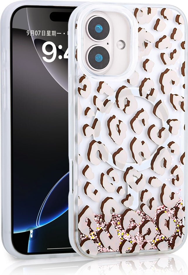 iPhone 16 Uyumlu Kılıf Sıvılı Simli Baskılı Şeffaf Arka Yüzey Mnc Mossa Silikon Kapak-Pembe