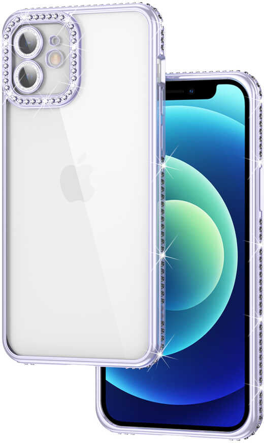 iPhone 12 Kılıf Kamera Korumalı Taşlı Mnc Mina Kapak-Lila