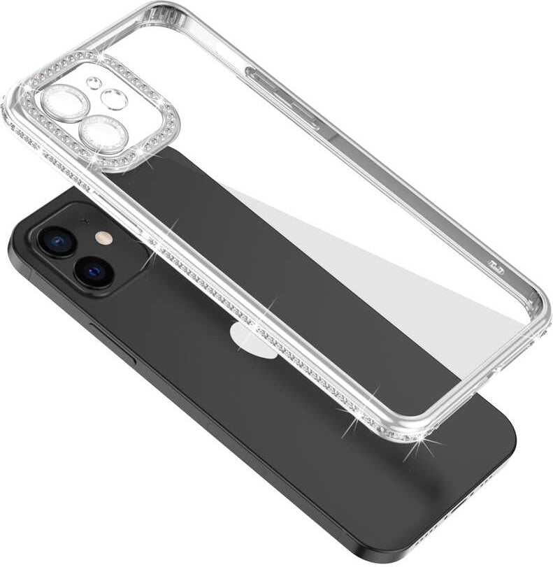iPhone 12 Kılıf Kamera Korumalı Taşlı Mnc Mina Kapak-Lila