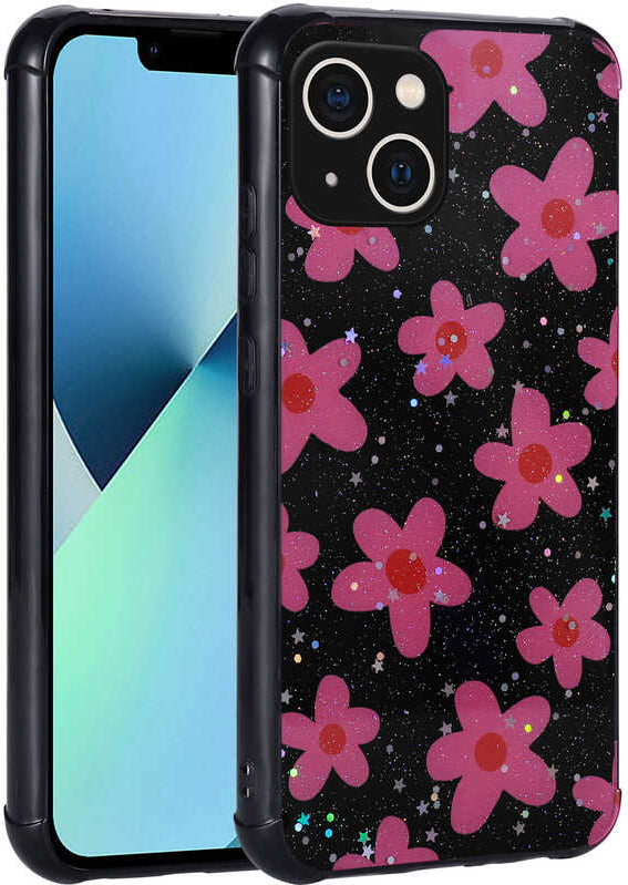 iPhone 13 Uyumlu Simli Desenli Kamera Korumalı Parlak Mnc Popy Kapak-Çiçek