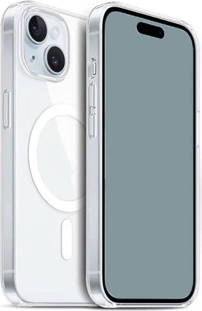 iPhone 15 Plus Uyumlu Magsafe Şarj Özellikli Şeffaf Sert Pc Mnc Embos Kapak-Renksiz