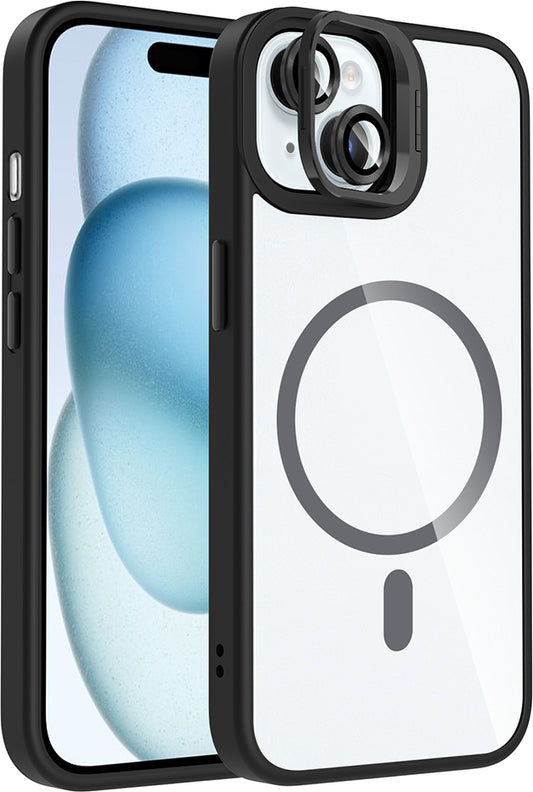 iPhone 15 Kılıf Standlı ve Kamera Lens Hediyeli M-Safe Şarj Özellikli Mnc Etro Kapak - Siyah