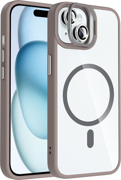 iPhone 15 Kılıf Standlı ve Kamera Lens Hediyeli M-Safe Şarj Özellikli Mnc Etro Kapak - Gri