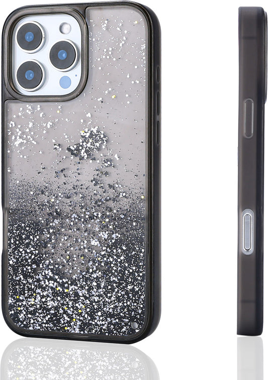 iPhone 14 Pro Max Uyumlu Kılıf Sıvılı Simli Şeffaf Arka Yüzey Mnc Keto Silikon Kapak-Siyah
