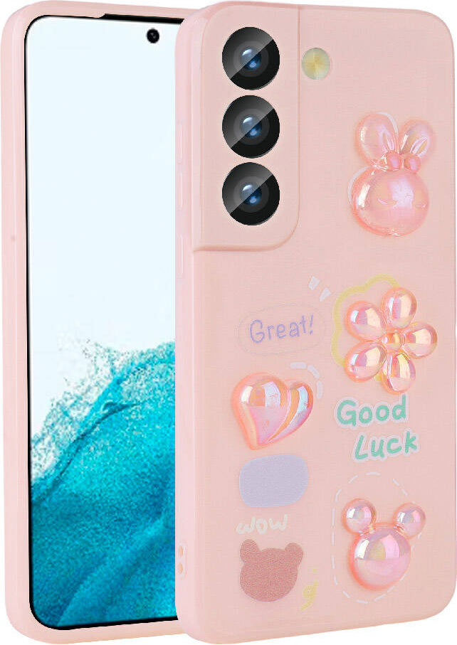 Galaxy S21 Fe Kılıf Kabartma Figürlü Parlak Mnc Toys Silikon Kapak-Pembe
