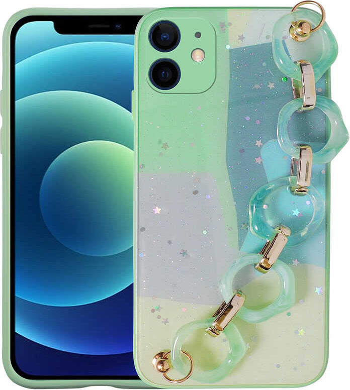 iPhone 11 Uyumlu Simli Desenli El Askılı Tutacaklı Mnc Elsa Silikon Kapak-Yeşil