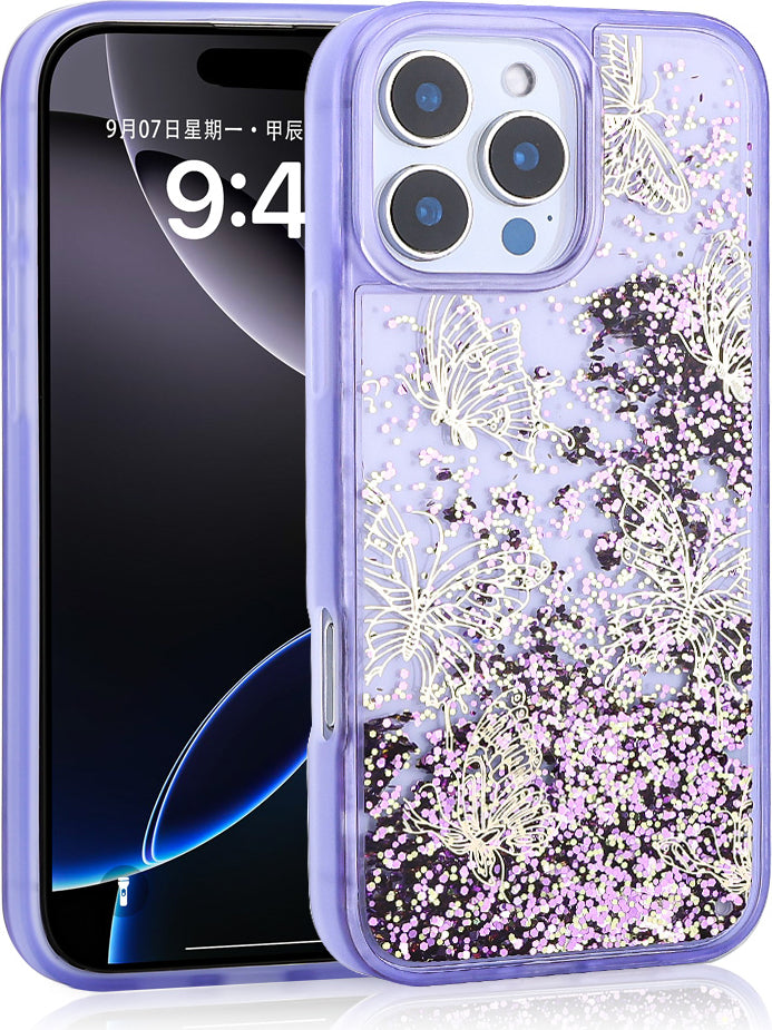 iPhone 16 Pro Uyumlu Kılıf Sıvılı Simli Kelebek Baskılı Şeffaf Arka Yüzey Mnc Glis Silikon Kapak-Mo