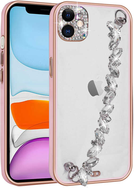 iPhone 11 Uyumlu Taş Süslemeli Kamera Korumalı El Tutamaçlı Mnc Blazer Kapak-Pembe