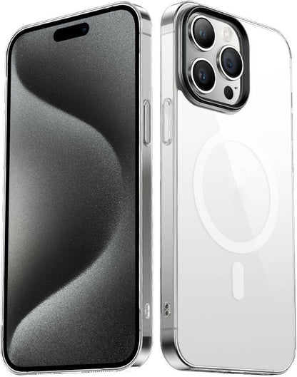 iPhone 15 Pro Max Uyumlu Mnc Wireless Şarj Özellikli Şeffaf G-Glass Kapak-Siyah
