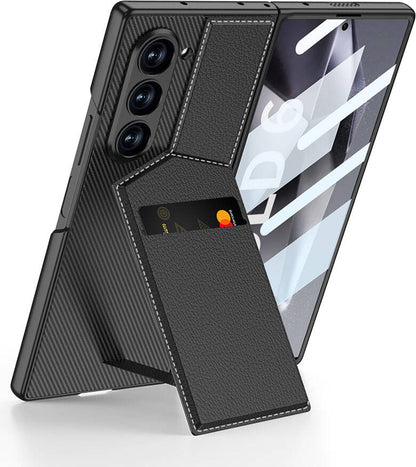 Galaxy Z Fold 6 Kılıf Karbon Fiber Deri Kartlıklı Mnc Kıpta Dik Açılan Kartlıklı Kapak-Siyah