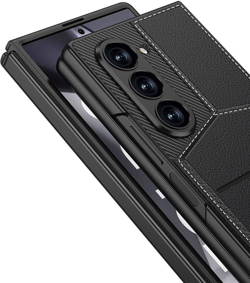 Galaxy Z Fold 6 Kılıf Karbon Fiber Deri Kartlıklı Mnc Kıpta Dik Açılan Kartlıklı Kapak-Siyah