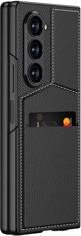 Galaxy Z Fold 6 Kılıf Karbon Fiber Deri Kartlıklı Mnc Kıpta Dik Açılan Kartlıklı Kapak-Siyah