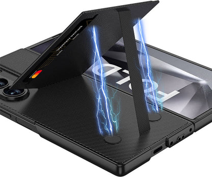 Galaxy Z Fold 6 Kılıf Karbon Fiber Deri Kartlıklı Mnc Kıpta Dik Açılan Kartlıklı Kapak-Siyah