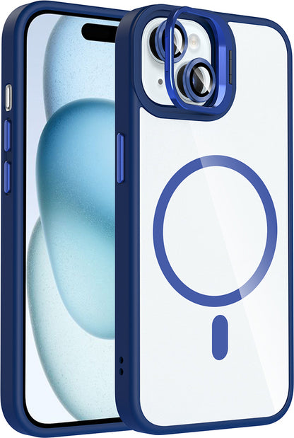 iPhone 15 Kılıf Standlı ve Kamera Lens Hediyeli M-Safe Şarj Özellikli Mnc Etro Kapak - Lacivert