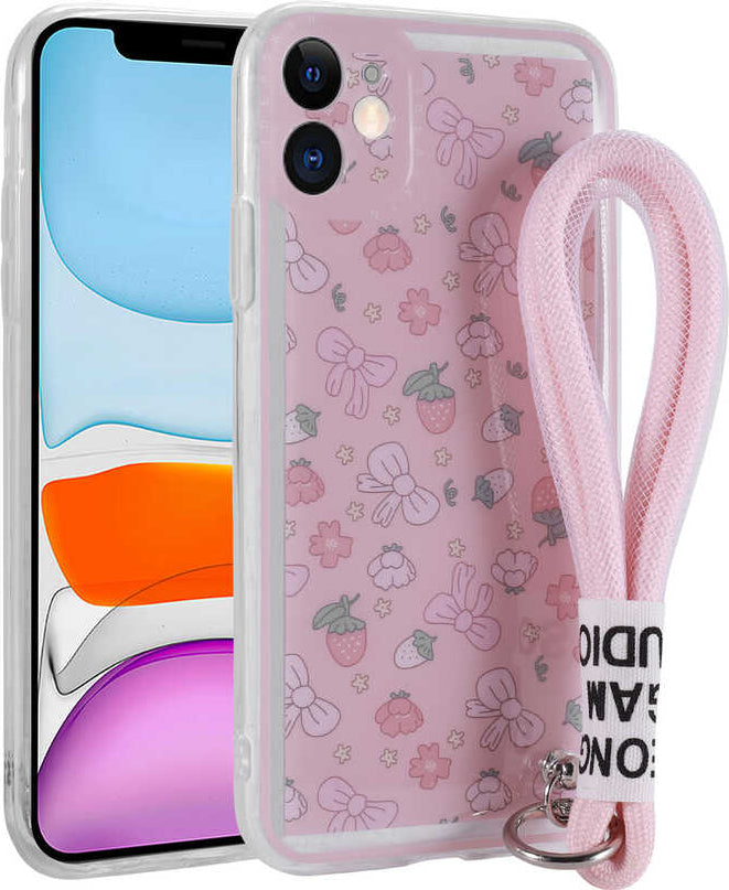 iPhone 11 Uyumlu Desenli El Askılı Ipli Mnc Astana Silikon Kapak-Çilek
