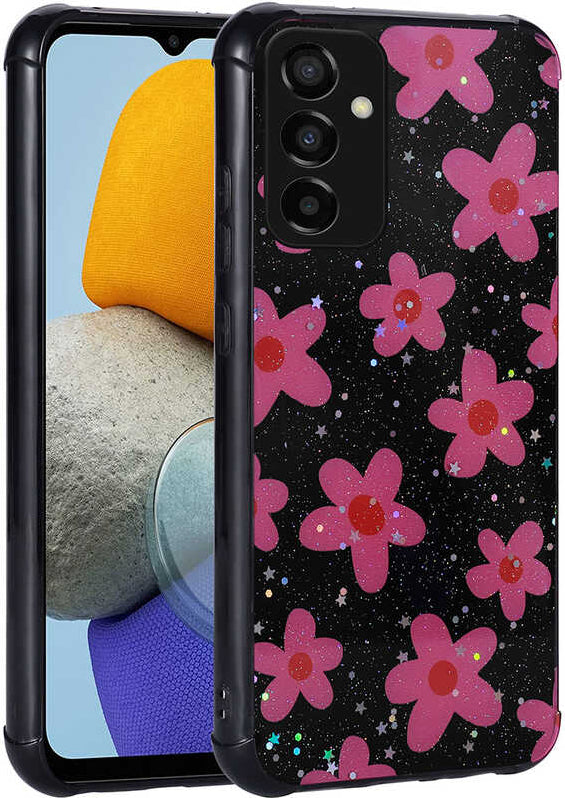 Galaxy M23 Kılıf Simli Desenli Kamera Korumalı Parlak Mnc Popy Kapak-Çiçek