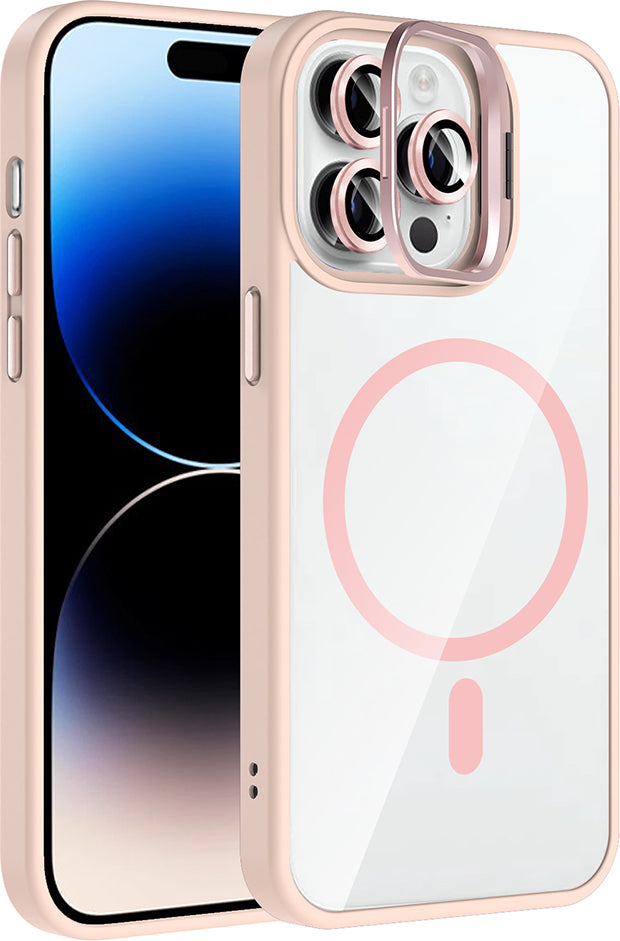 iPhone 14 Pro Max Kılıf Standlı ve Kamera Lens Hediyeli M-Safe Şarj Özellikli Mnc Etro Kapak - Pemb