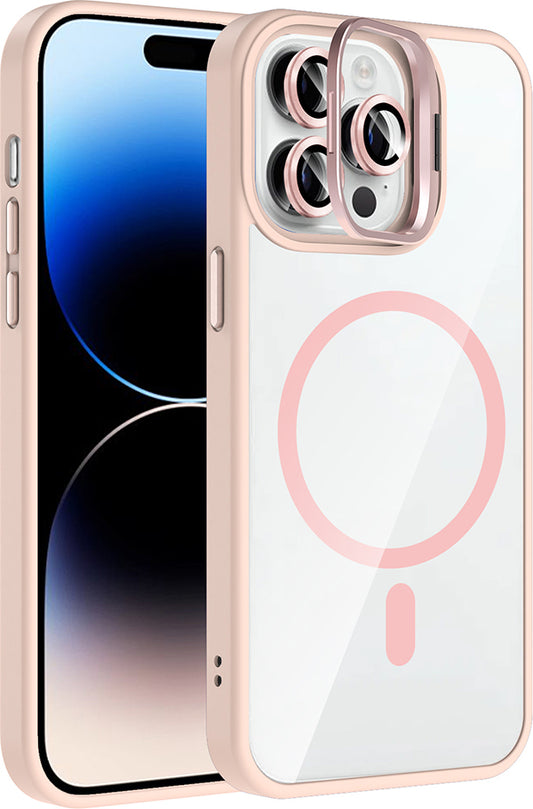 iPhone 14 Pro Max Kılıf Standlı ve Kamera Lens Hediyeli M-Safe Şarj Özellikli Mnc Etro Kapak - Pemb
