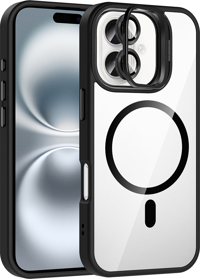 iPhone 16 Kılıf Standlı ve Kamera Lens Hediyeli M-Safe Şarj Özellikli Mnc Etro Kapak - Siyah