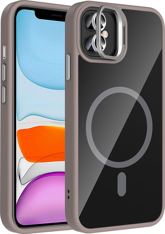 iPhone 11 Kılıf Standlı ve Kamera Lens Hediyeli M-Safe Şarj Özellikli Mnc Etro Kapak - Gri