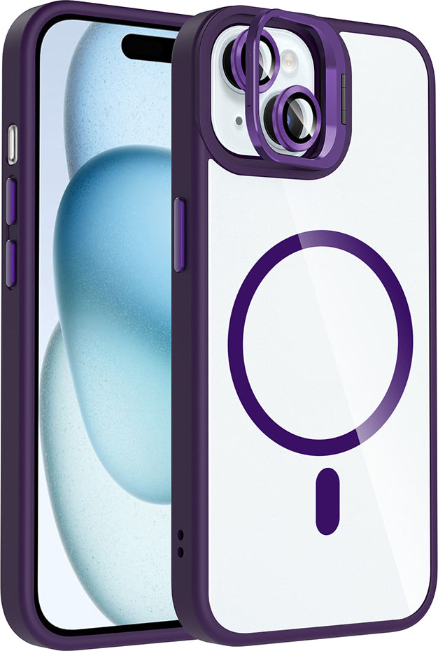 iPhone 15 Kılıf Standlı ve Kamera Lens Hediyeli M-Safe Şarj Özellikli Mnc Etro Kapak - Derin Mor