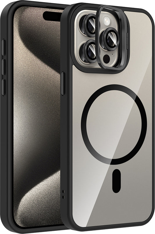 iPhone 15 Pro Kılıf Standlı ve Kamera Lens Hediyeli M-Safe Şarj Özellikli Mnc Etro Kapak - Siyah
