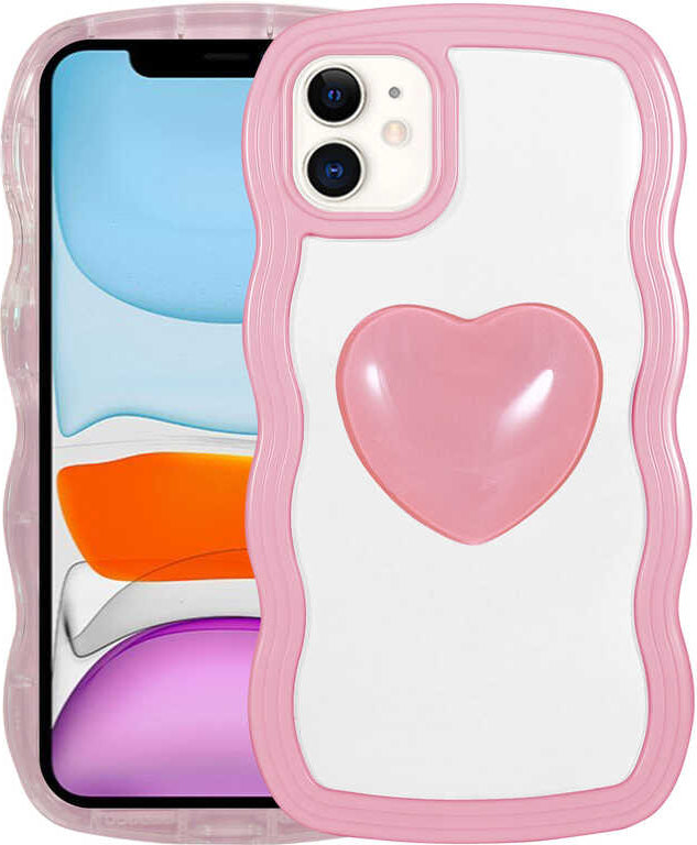 iPhone 11 Kılıf Renkli Kalp Figürlü Mnc Ponçik Kapak-Pembe