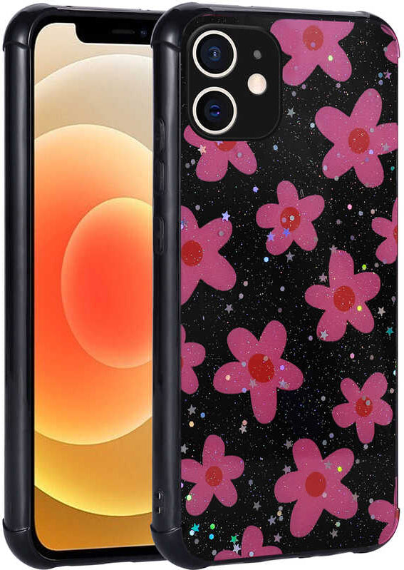 iPhone 12 Uyumlu Simli Desenli Kamera Korumalı Parlak Mnc Popy Kapak-Çiçek