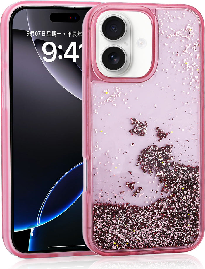 iPhone 16 Uyumlu Kılıf Sıvılı Simli Şeffaf Arka Yüzey Mnc Keto Silikon Kapak-Pembe