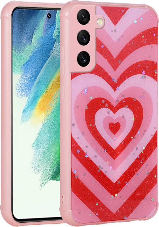 Galaxy S21 Fe Kılıf Simli Desenli Kamera Korumalı Parlak Mnc Popy Kapak-Kalp