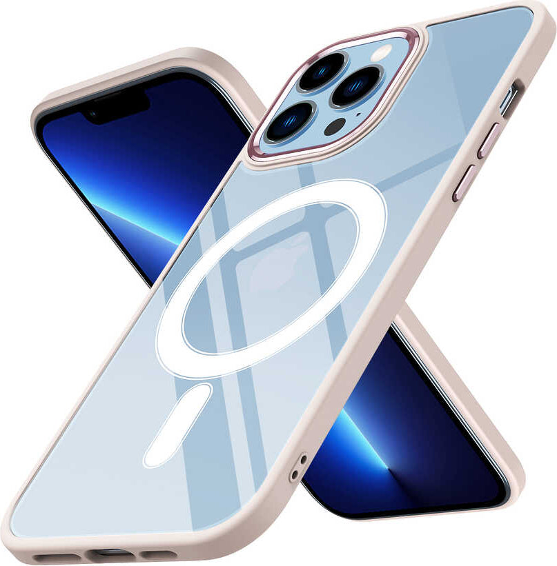 iPhone 13 Pro Max Uyumlu Wireless Şarj Özellikli Mnc Krom Magsafe Silikon Kapak-Pembe Açık