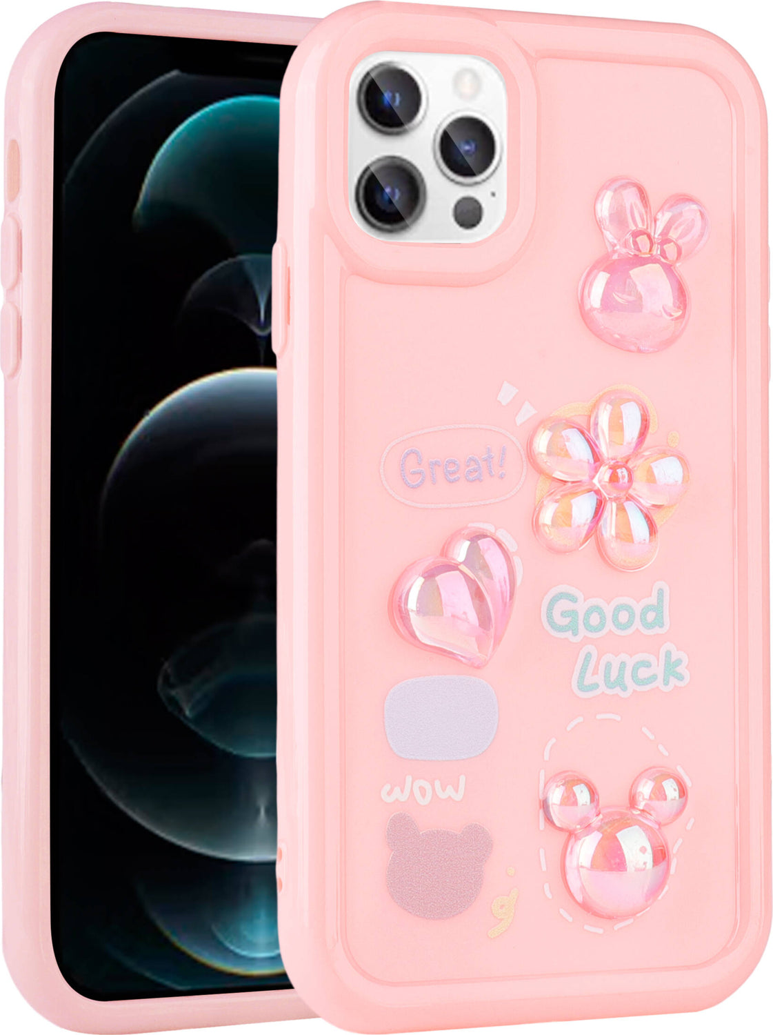 iPhone 13 Pro Max Uyumlu Kabartma Figürlü Parlak Mnc Toys Silikon Kapak-Pembe