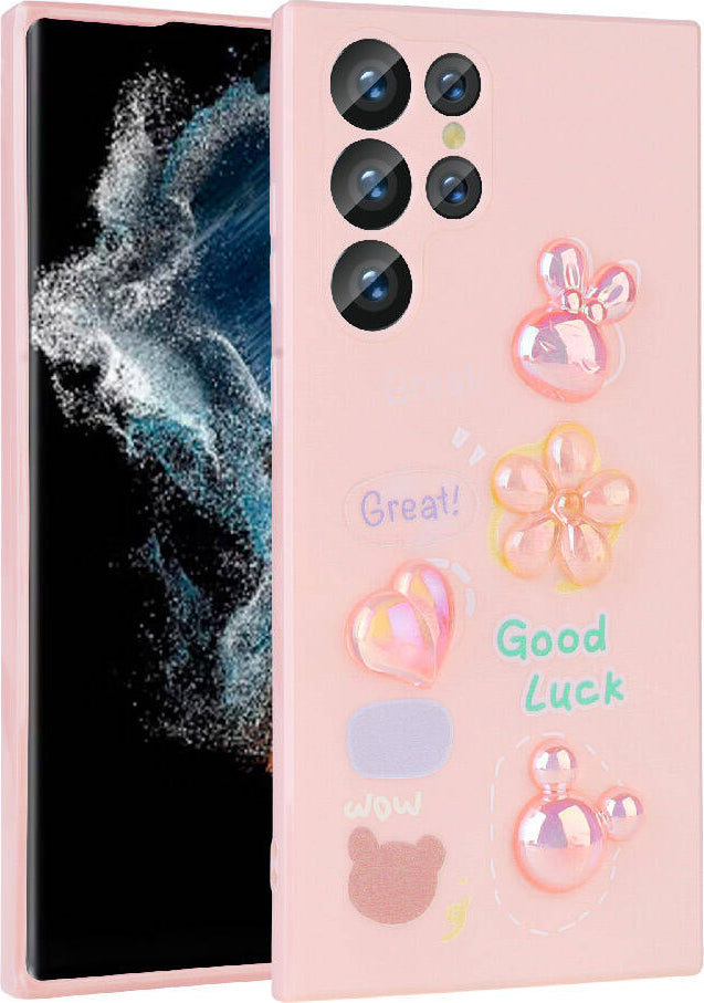 Galaxy S23 Ultra Kılıf Kabartma Figürlü Parlak Mnc Toys Silikon Kapak-Pembe