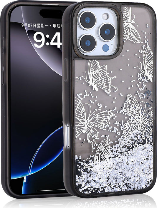 iPhone 16 Pro Uyumlu Kılıf Sıvılı Simli Kelebek Baskılı Şeffaf Arka Yüzey Mnc Glis Silikon Kapak-Si