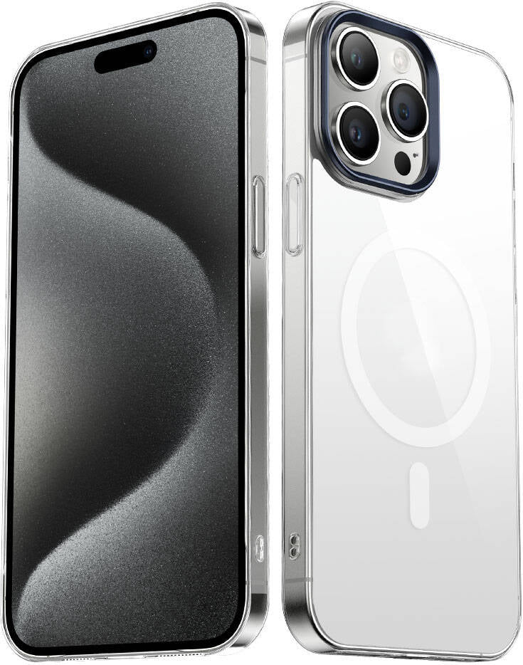 iPhone 15 Pro Max Uyumlu Mnc Wireless Şarj Özellikli Şeffaf G-Glass Kapak-Lacivert