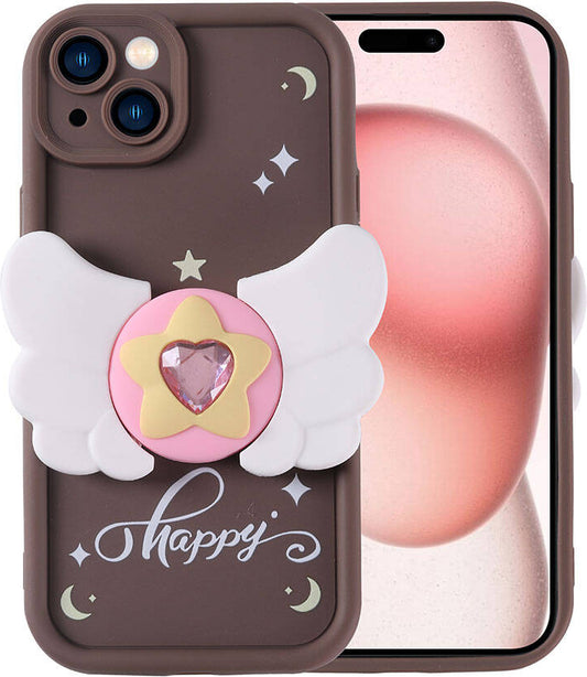 Apple iPhone 15 Kılıf Kamera Korumalı Figür Tasarımlı Mnc Kapya Kapak-Koyu Kahve