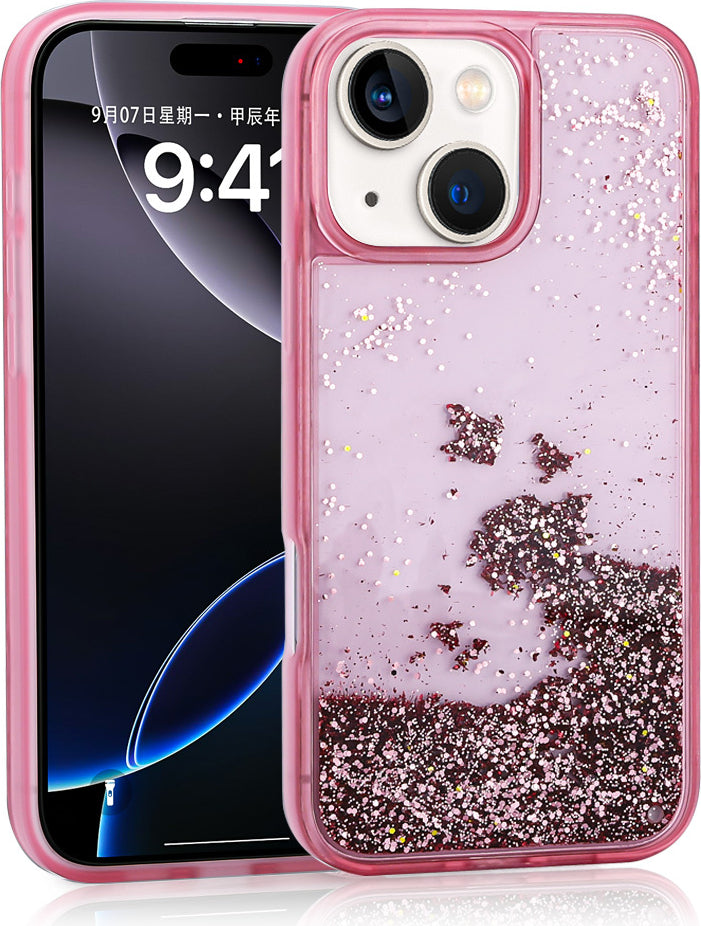 iPhone 15 Uyumlu Kılıf Sıvılı Simli Şeffaf Arka Yüzey Mnc Keto Silikon Kapak-Pembe