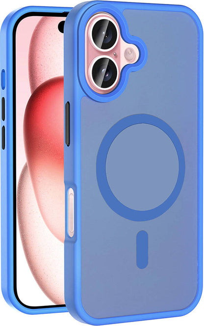 iPhone 16 Plus Kılıf Magsafe Şarj Özellikli Mat Arka Yüzey Mnc Sio Kapak-Mavi