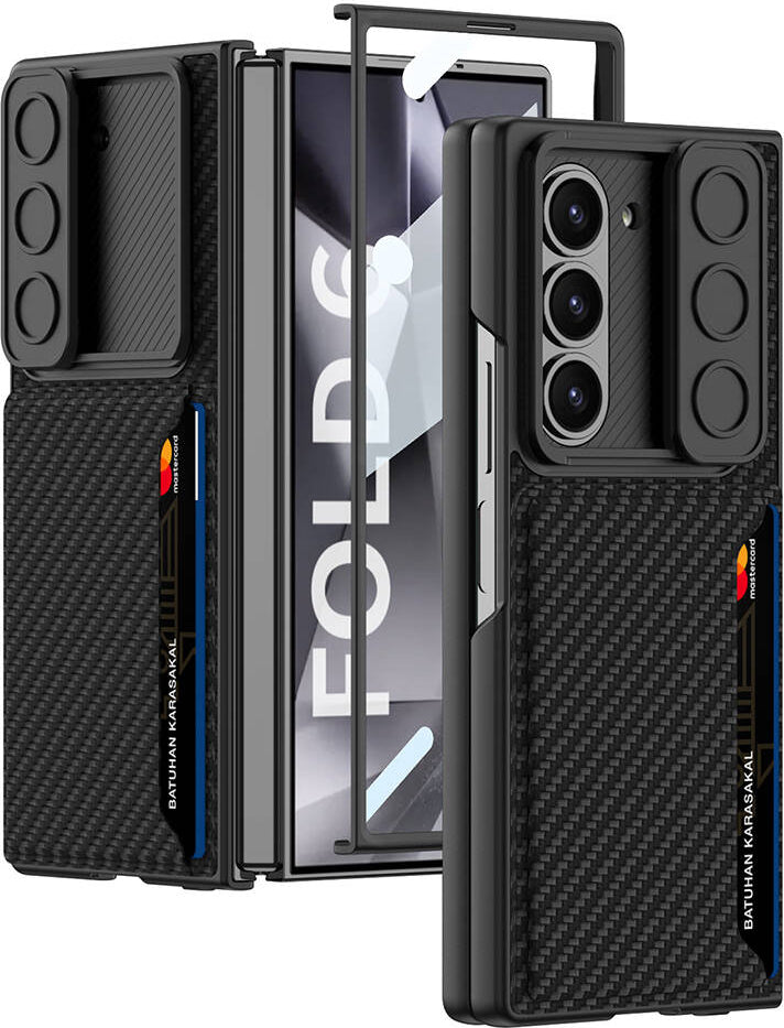 Galaxy Z Fold 6 Kılıf Kamera Korumalı Karbon Fiber Arka Yüzey Mnc Kartlıklı Kıpta Sert Kapak-Siyah
