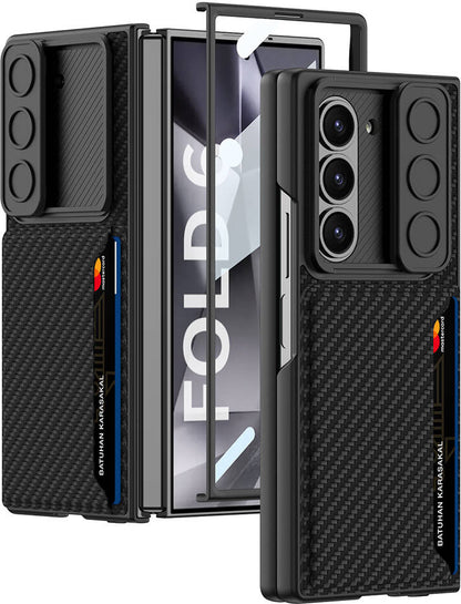 Galaxy Z Fold 6 Kılıf Kamera Korumalı Karbon Fiber Arka Yüzey Mnc Kartlıklı Kıpta Sert Kapak-Siyah