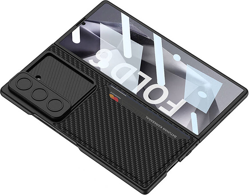 Galaxy Z Fold 6 Kılıf Kamera Korumalı Karbon Fiber Arka Yüzey Mnc Kartlıklı Kıpta Sert Kapak-Siyah