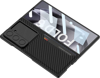Galaxy Z Fold 6 Kılıf Kamera Korumalı Karbon Fiber Arka Yüzey Mnc Kartlıklı Kıpta Sert Kapak-Siyah
