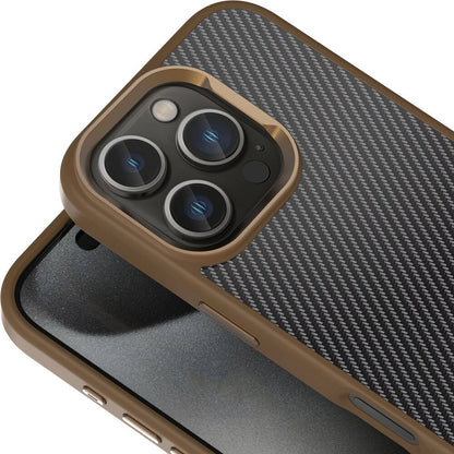 Apple iPhone 16 Pro Kılıf Karbon Fiber Görünümlü Parlak Kamera Çerçeveli Mnc Venus Kapak-Rose Brown