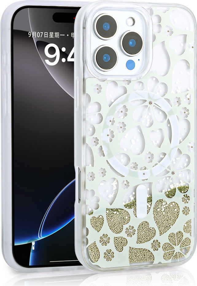 iPhone 15 Pro Max Uyumlu Kılıf Sıvılı Simli Baskılı Şeffaf Arka Yüzey Mnc Mossa Silikon Kapak-Gold
