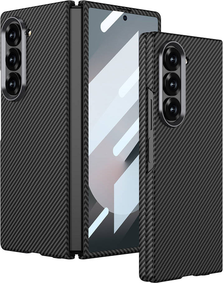 Galaxy Z Fold 6 Kılıf Kamera Korumalı Karbon Fiber Tasarımlı Arka Yüzey Mnc Kıpta Karbon Kapak-Siya