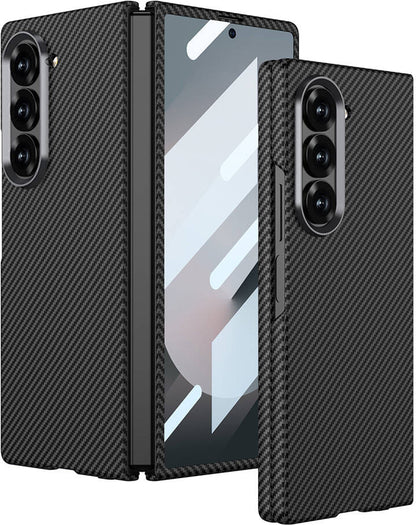 Galaxy Z Fold 6 Kılıf Kamera Korumalı Karbon Fiber Tasarımlı Arka Yüzey Mnc Kıpta Karbon Kapak-Siya